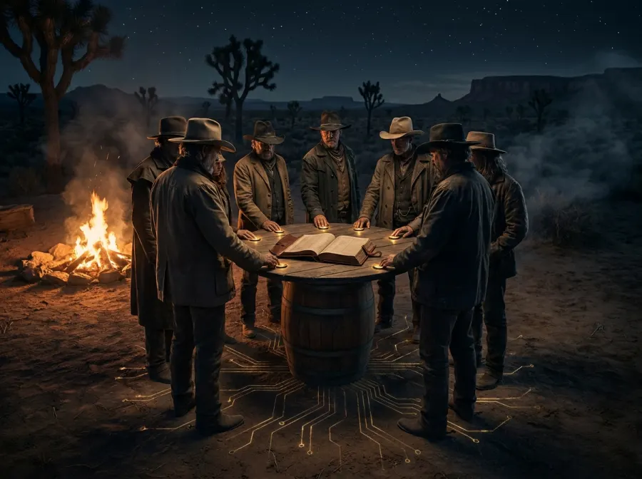 Ranchers standing in a circle around an open ledger by campfire light — no seat at the head